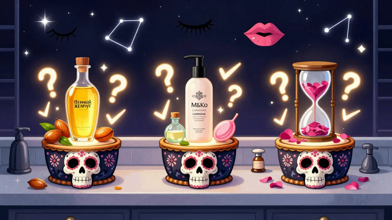 Три российских бренда демакияжа представлены как украшенные черепами алтари с плавающими активными ингредиентами.
