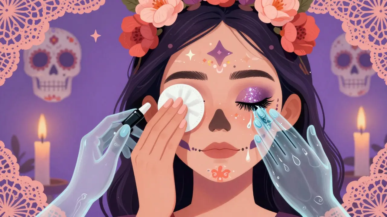 Женщина прикладывает ватный диск к глазу, из которого вырываются водно-масляные призраки, превращающие тушь в цветы и звёзды.