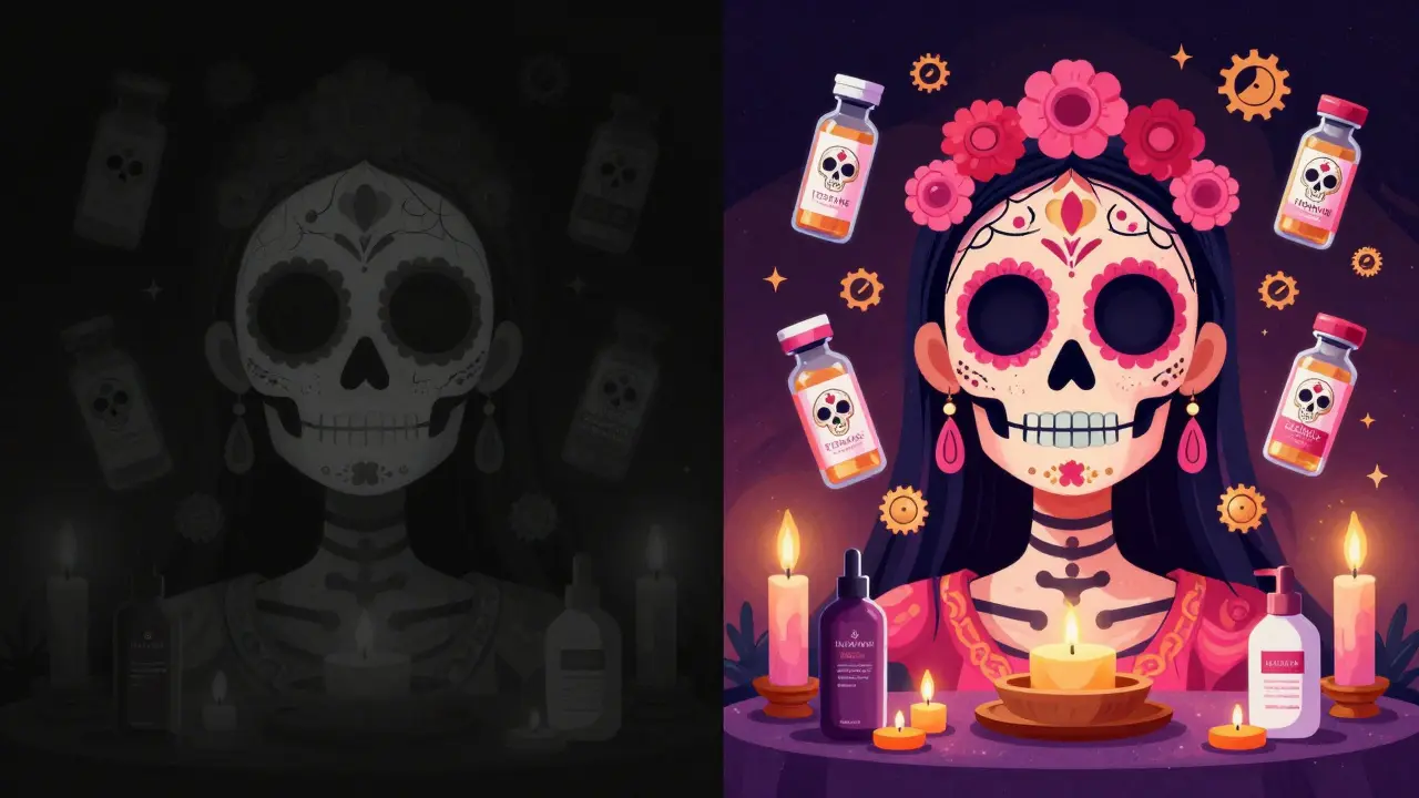 Диptyх: тусклая кожа слева, сияющая — справа, с флаконами препаратов и цветами в стиле Дня мёртвых, символизируя восстановление.