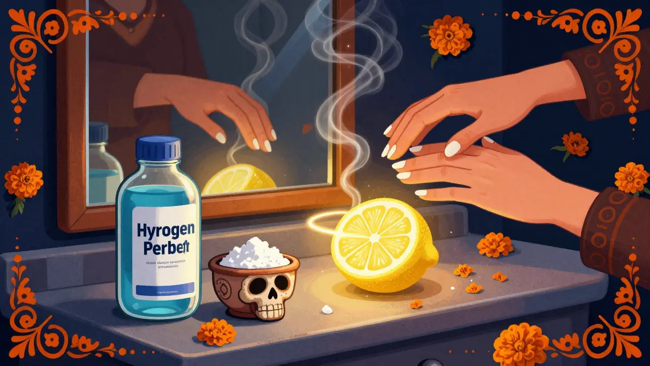 Магические ингредиенты для восстановления ногтей, плавающие над зеркалом в стиле Дня мертвых.