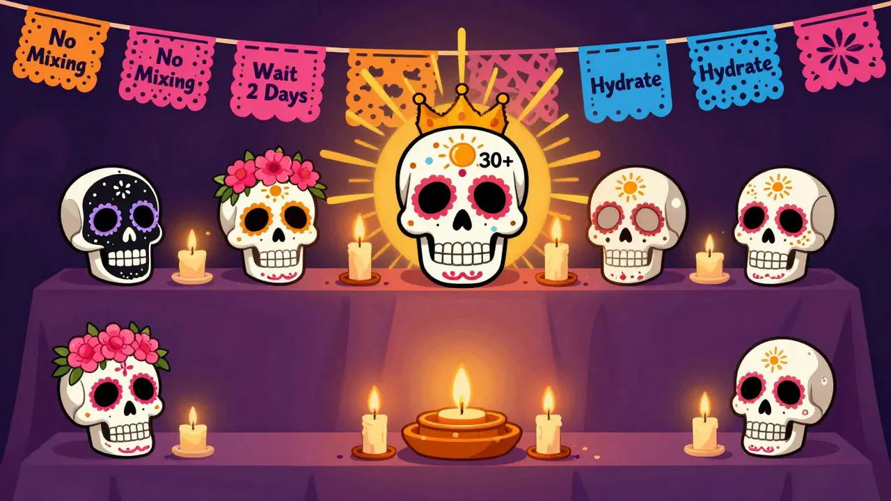 Недельный график ухода за кожей в виде мексиканского алтаря с черепами и свечами, символизирующий безопасные и опасные дни.