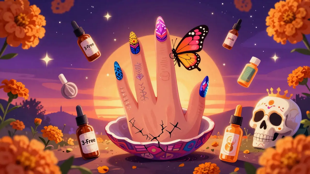 Ноготь, выходящий из треснувшей оболочки, окруженный защитными средствами и цветами бархатцев.