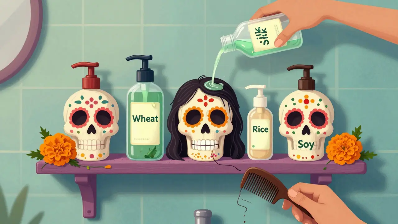 Полка с бутылками-черепами, содержащими разные протеины, рядом — алоэ вера и волосы, превращающиеся в цветущую лозу.