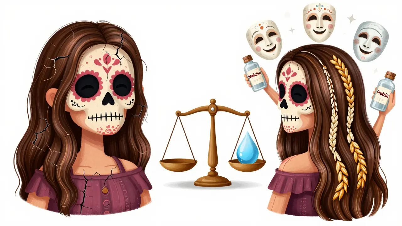 Разделённая сцена: сломанные волосы слева, восстановленные с белковыми нитями справа, с символами увлажнения и восстановления.