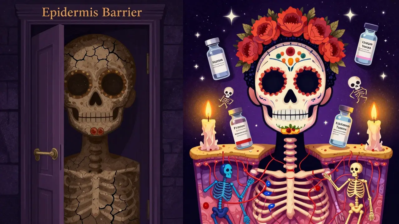 Сравнение сухой кожи за закрытой дверью и оживлённой кожи с восстановленным барьером, в стиле Дня мёртвых.