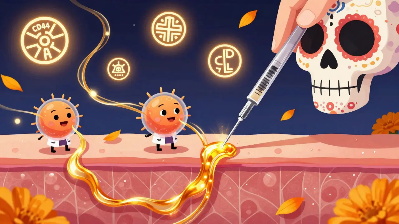 Тонкая игла вводит сияющую кислоту в кожу, где клетки-фибробласты выпускают золотые волокна коллагена в стиле Дня мёртвых.