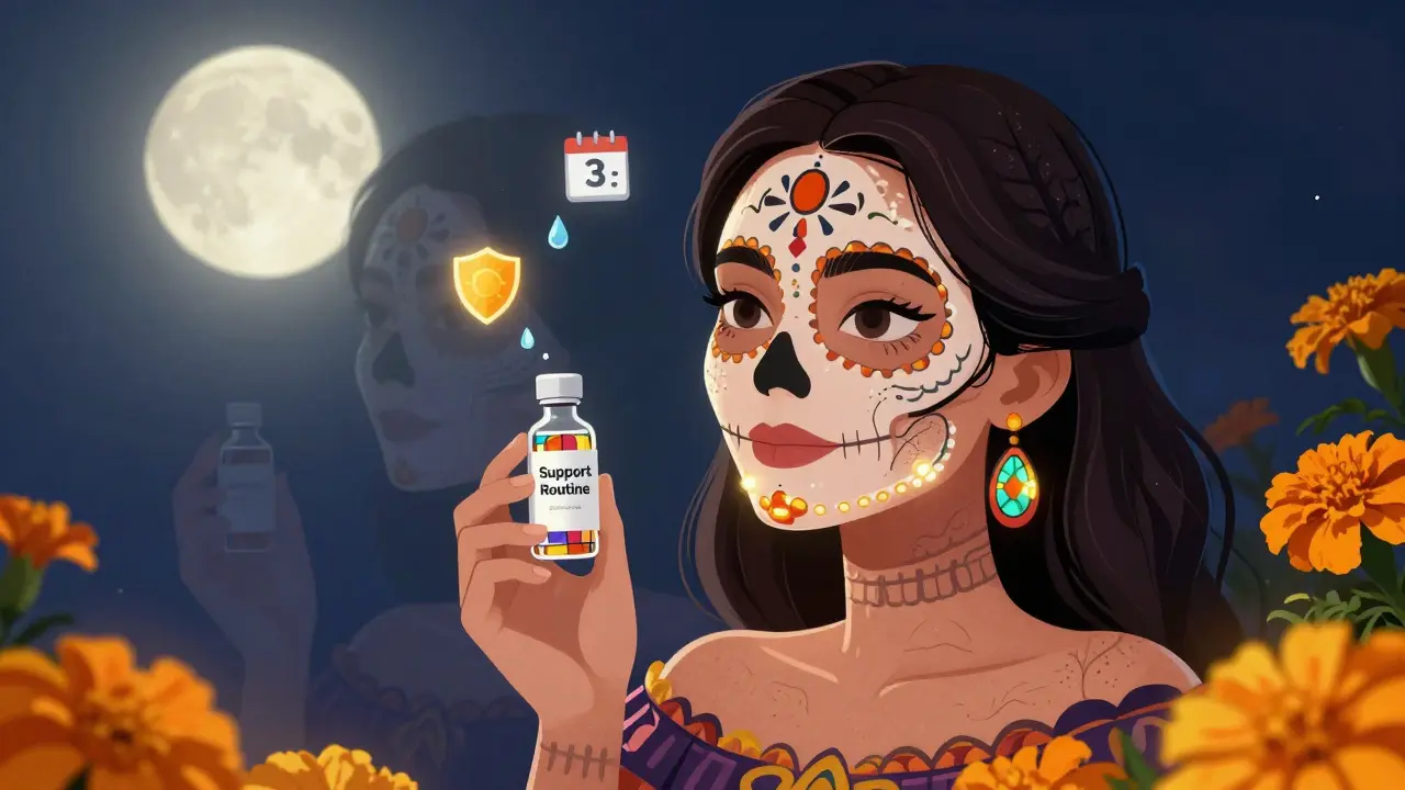 Женщина с сияющей кожей и черепашьими узорами, держащая бутылочку поддержки, в стиле Дня мёртвых.