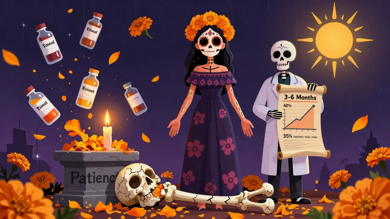 Женщина с сияющей кожей, окруженная рассеивающимися ингредиентами и черепом с графиком улучшений, в стиле Дня мёртвых.