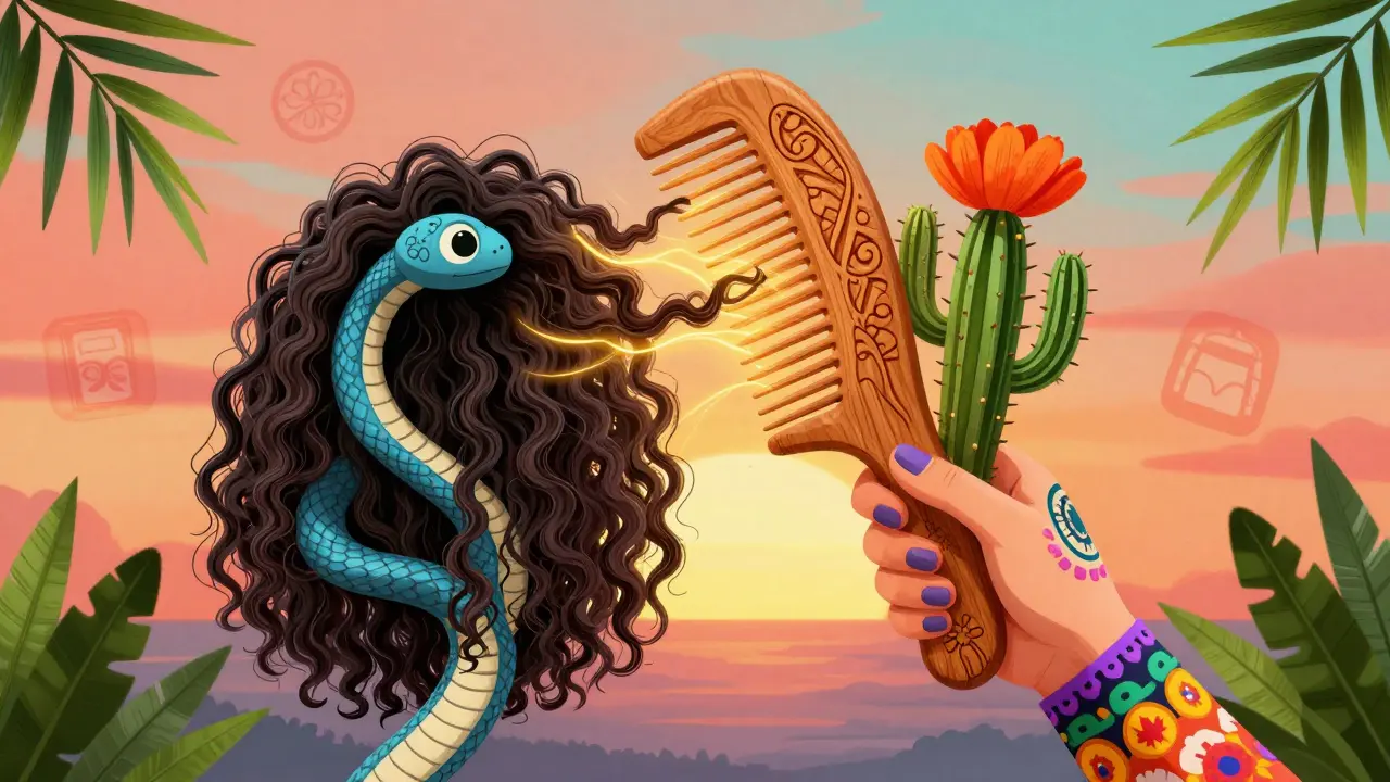 Дуэт расчесок — силиконовая и деревянная — ухаживают за вьющимися волосами, формируя цветок кактуса в ярких тонах.