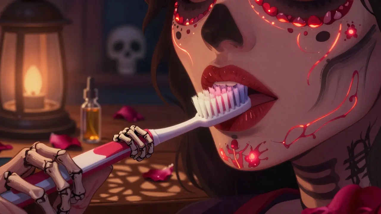Мягкая зубная щётка массирует губы, с костяными ручками и светящимися венами в стиле Дня мёртвых.