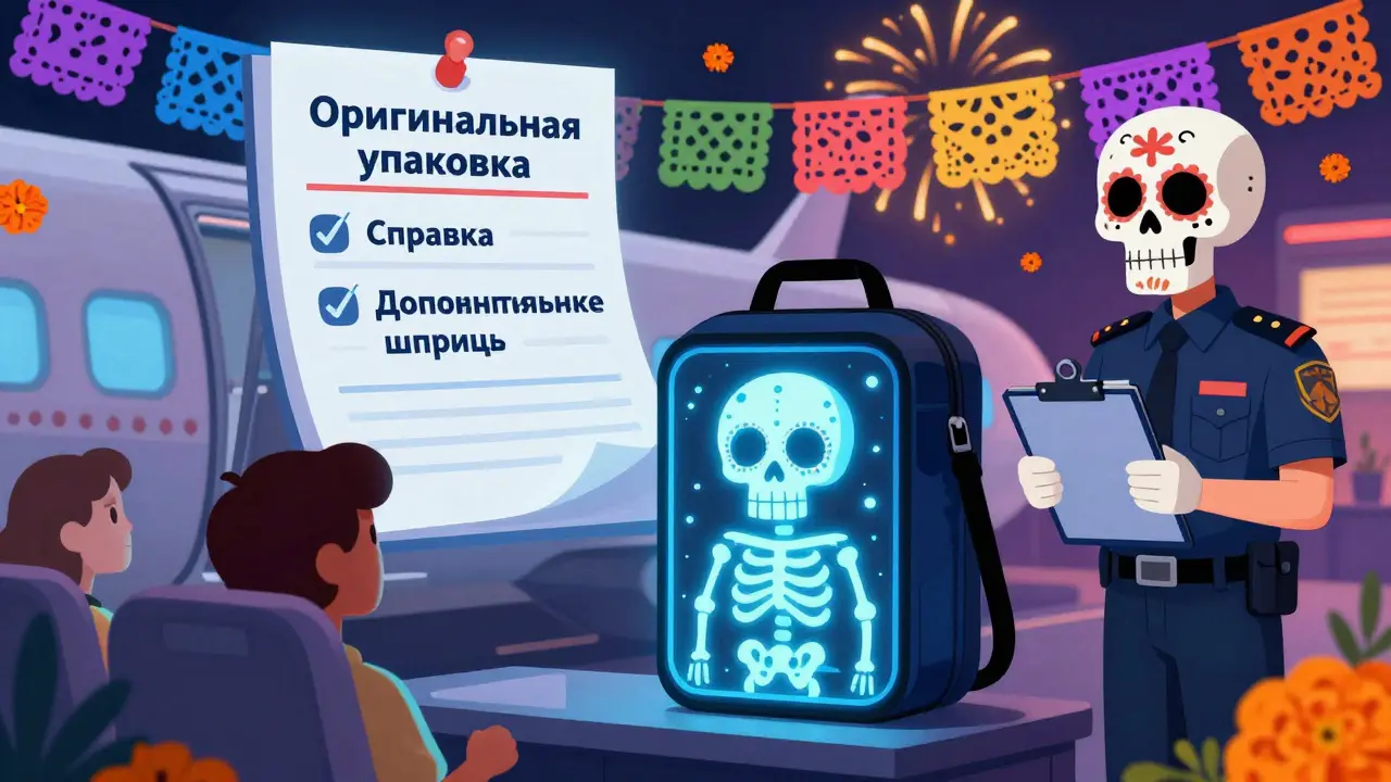 Пассажир с термосумкой в виде скелета boarding самолет, над ним — бумажный чек-лист в стиле папель пикадо.