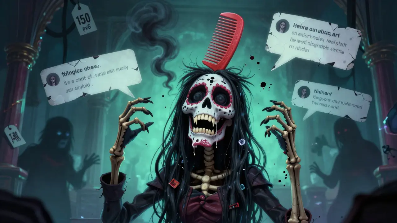 Пластиковая расческа с разрушающимися зубьями, ломающая волосы, превращающиеся в костяные пальцы в мрачной атмосфере.