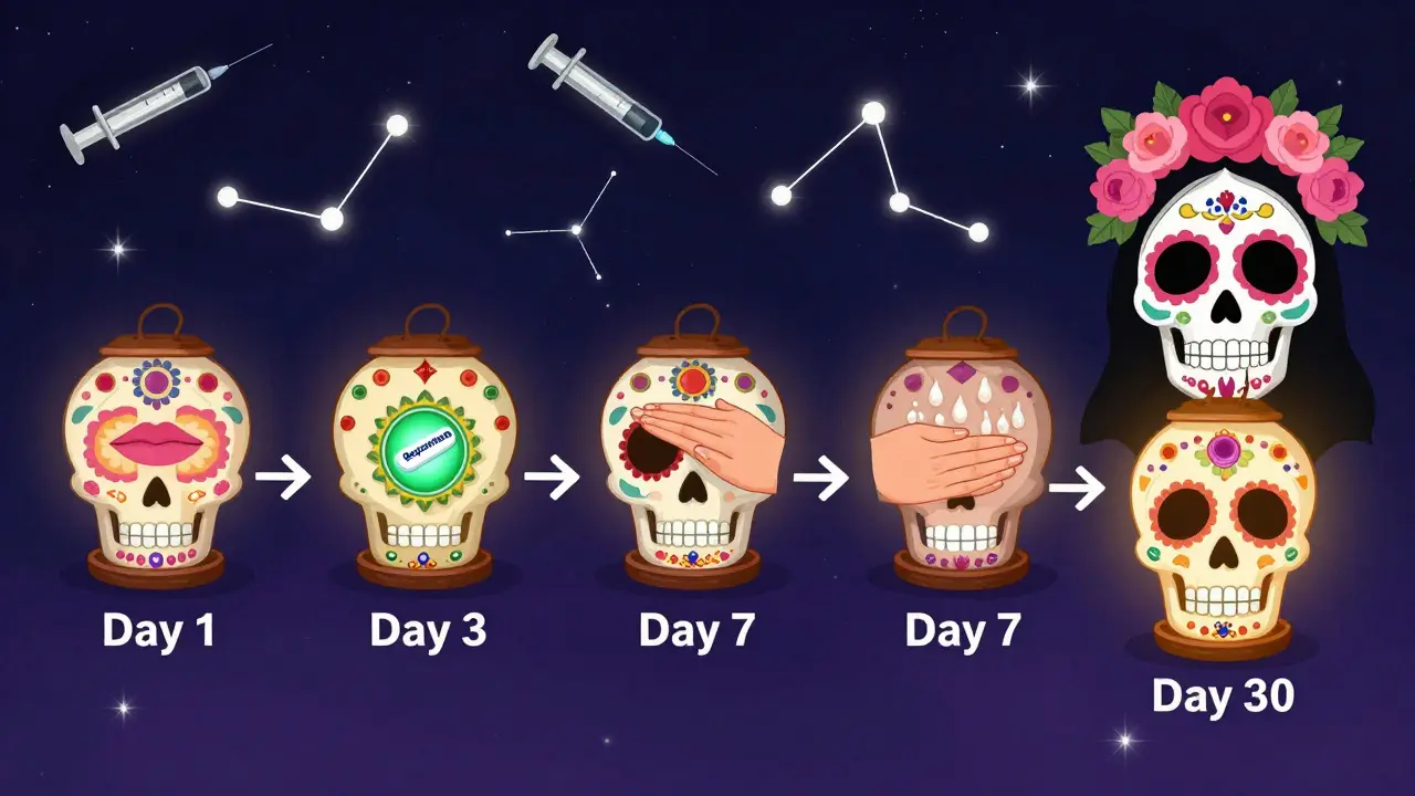 Путь исцеления из семи дней, отмеченный черепами-фонарями и волшебными амулетами.