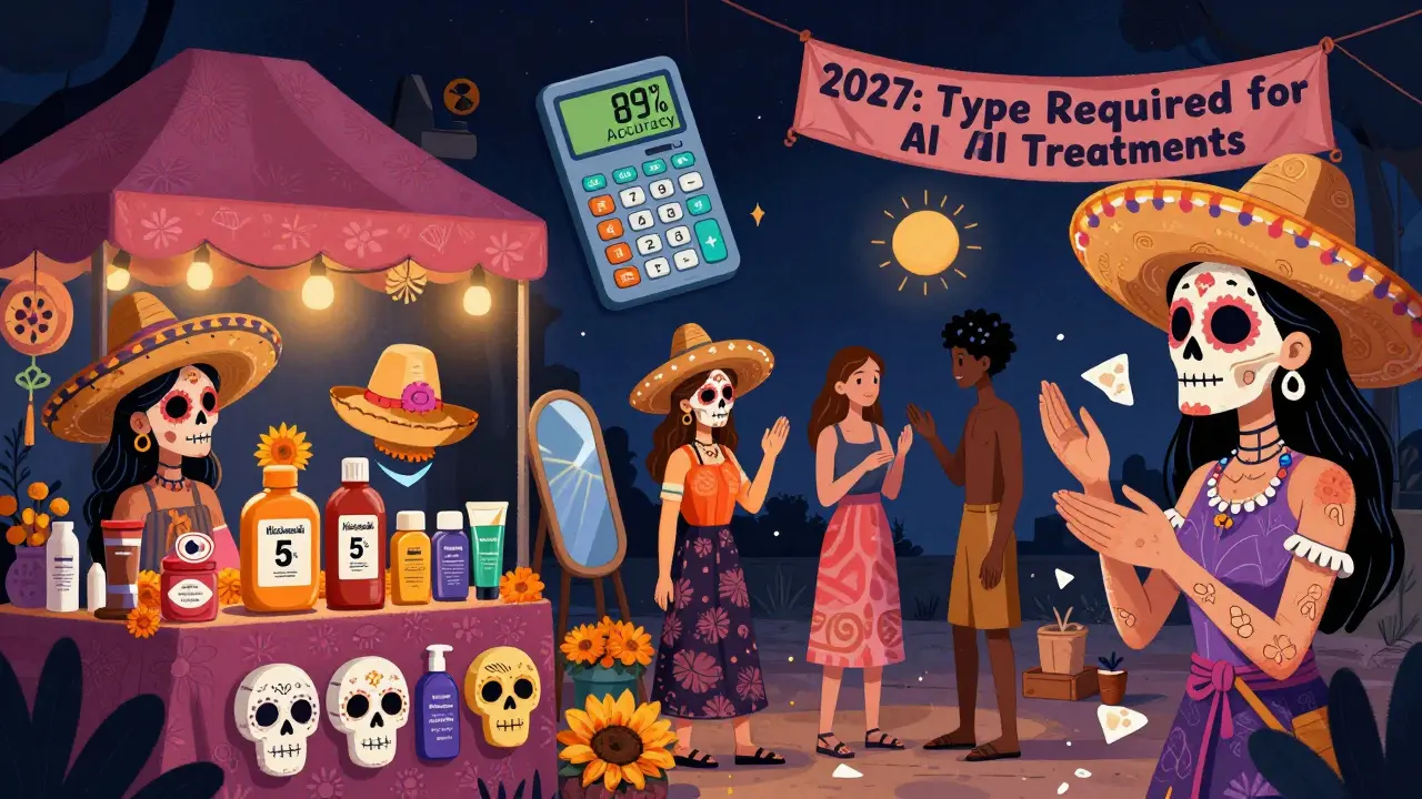 Рынок солнцезащитных средств в стиле Дня мёртвых, с кремами в виде черепов и цифровым калькулятором.