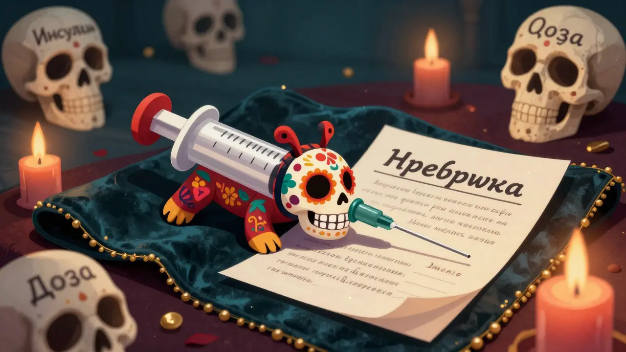 Шприц в виде алейбрихе с узорами черепов и цветов, рядом — медицинская справка на русском и английском.