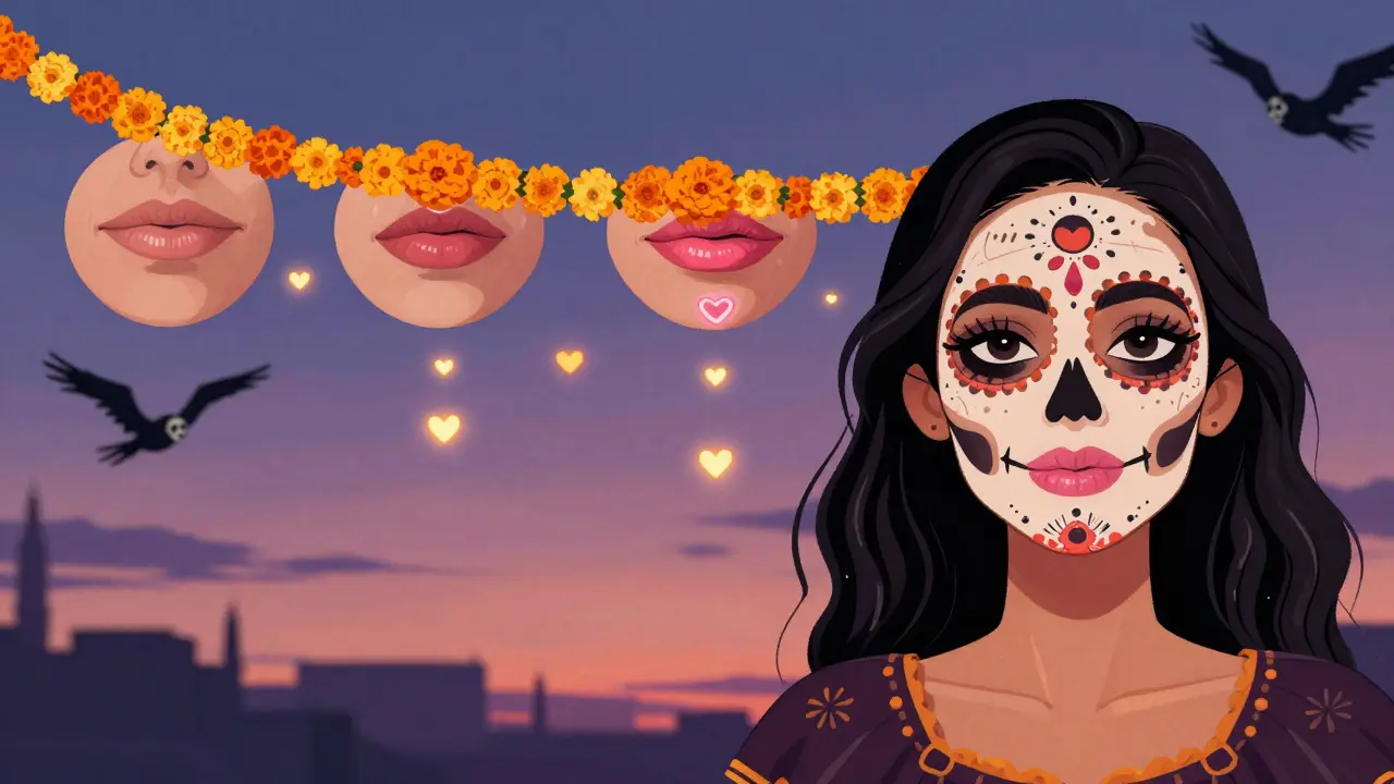 Женщина с полными губами и украшением в стиле Дня мёртвых, вокруг — символы улучшения кровообращения.