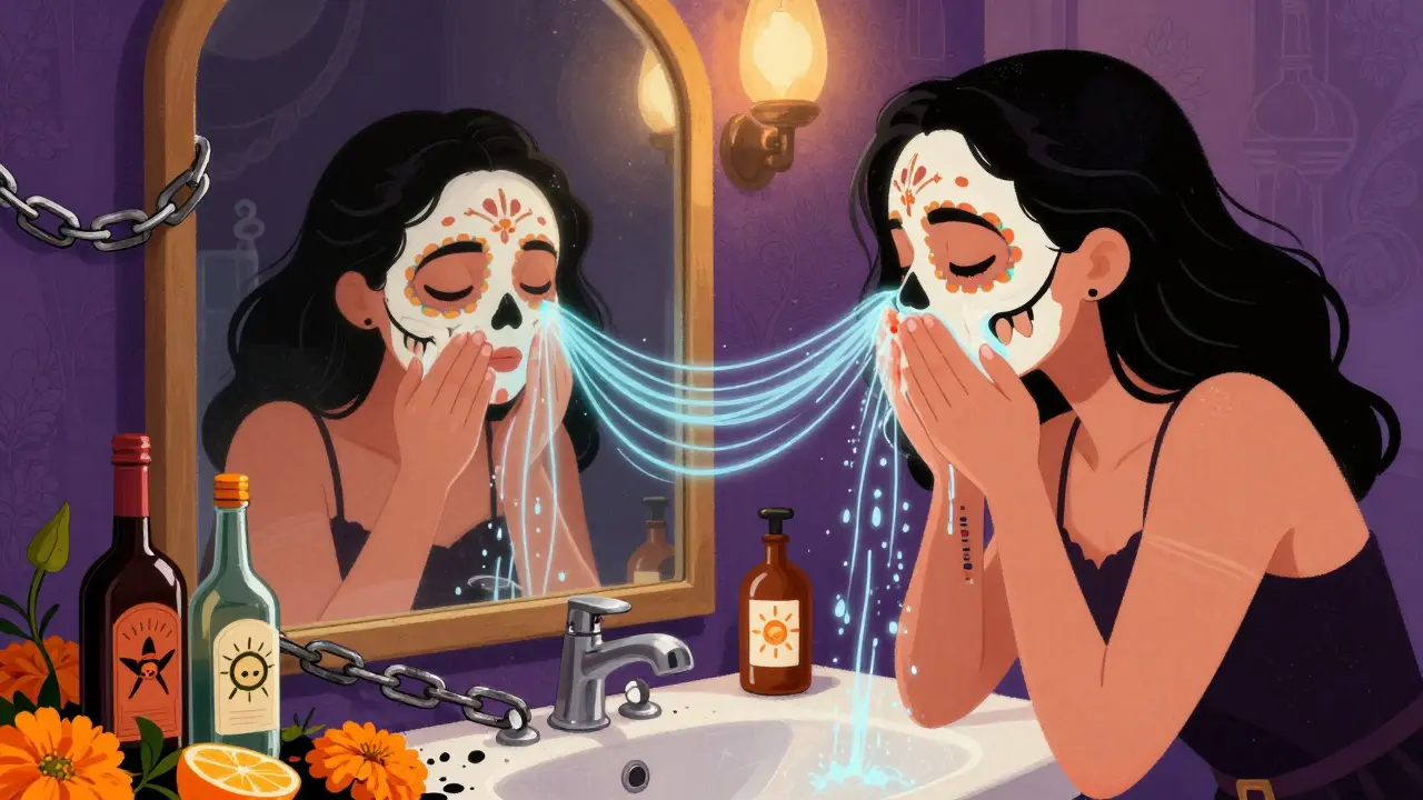 Женщина умывается прохладной водой, а запрещенные средства закопаны под мариголдами.