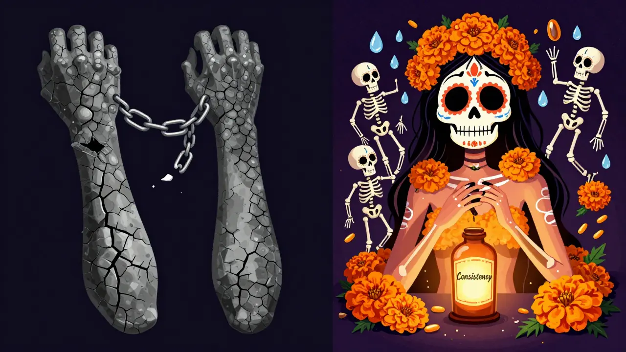 Диptyх: сухая кожа слева, ожившая и цветущая — справа, с символами постоянства и восстановления.