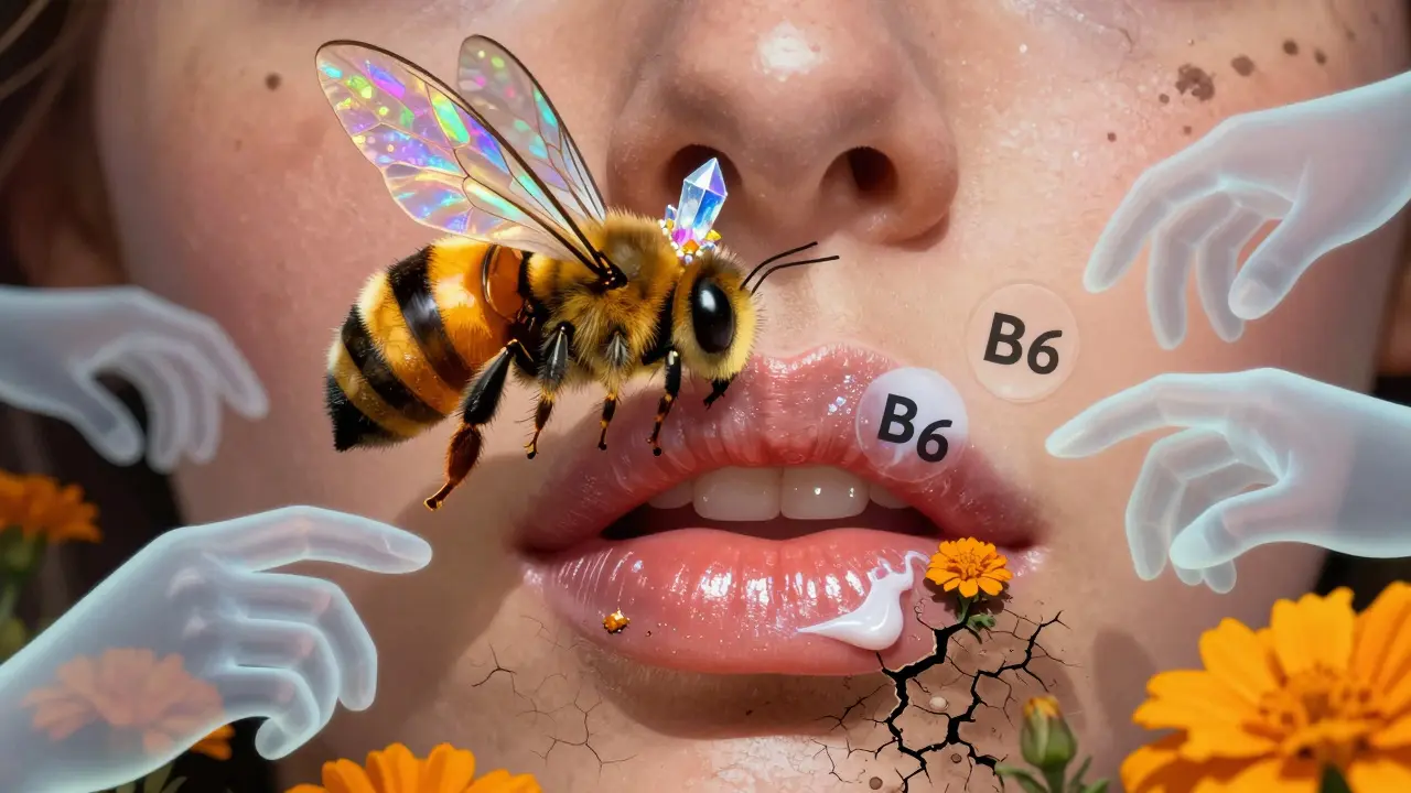 Пчела из прополиса с кристаллами исцеления над губами, покрытыми кремом, с призрачными руками, подносящими витамины.