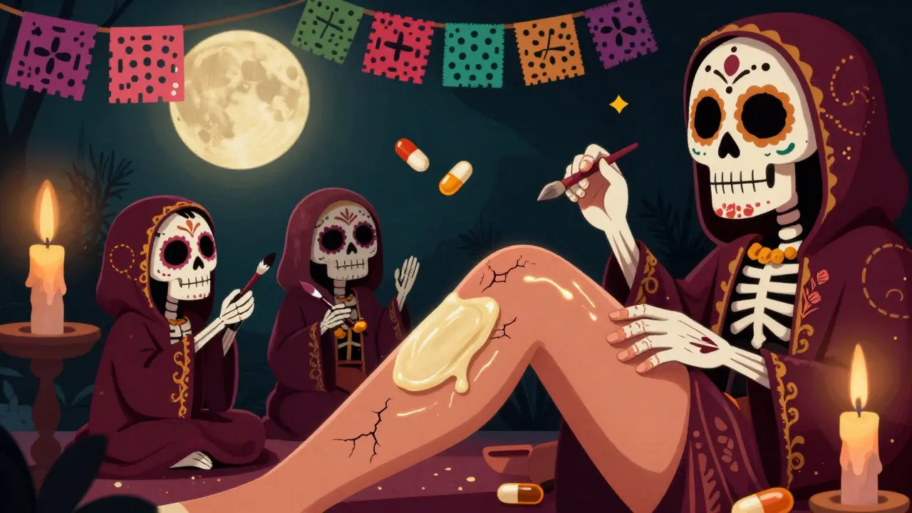 Рука наносит крем на колено, а скелеты-духи рисуют светящиеся следы увлажнения в ночи.