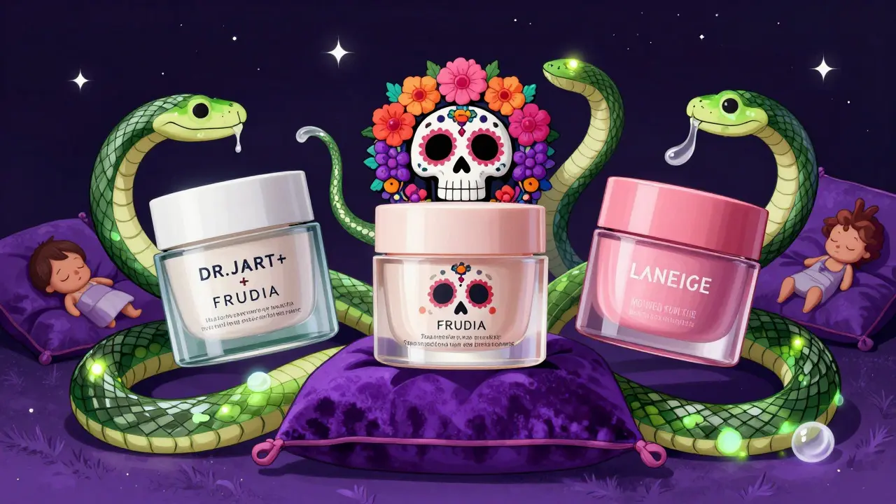 Три декорированные баночки с ночными масками для губ, обвитые змеями из масел, над подушкой под звездным небом.