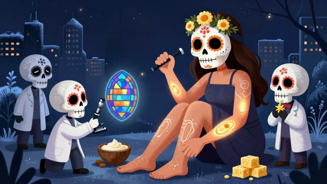 Домашняя маска на локтях, окружённая скелетами-учёными, восстанавливающими кожу как витраж.