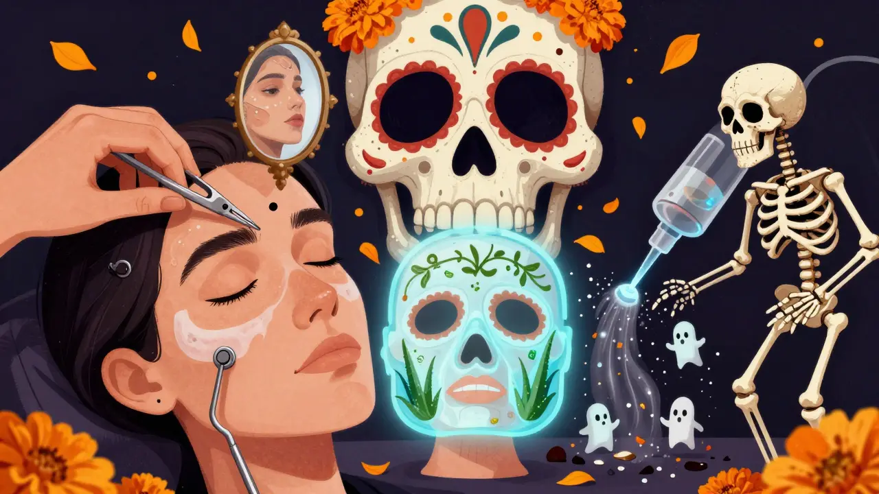 Комбинированная чистка: скелеты помогают удалять загрязнения, цветы падают как конфетти, кожа сияет.