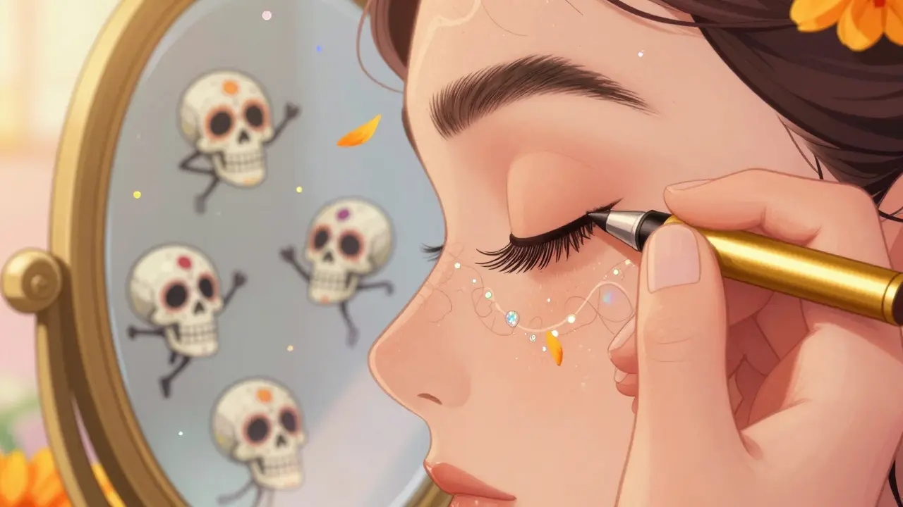 Рука наносит подводку на ресницы, в зеркале танцуют крошечные черепа из лепестков.
