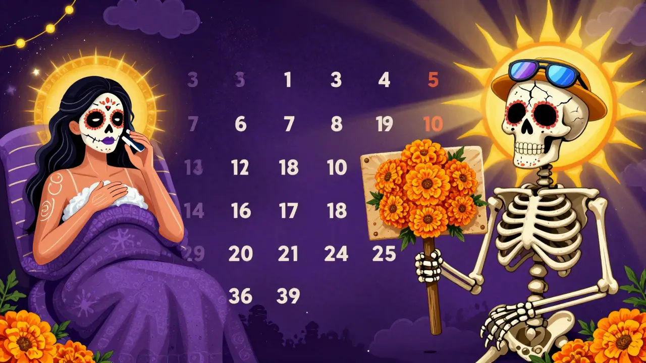 Сезонный контраст: зимой — уход с SPF, летом — предостережение от солнца, в стиле Дня мёртвых с черепами и барьером из бархатцев.