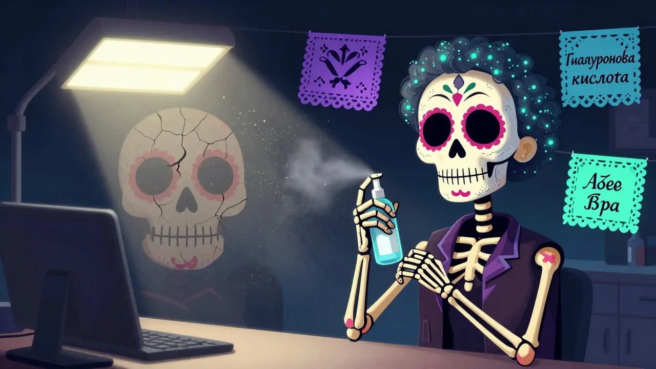 Сравнение сухой кожи и увлажнённой под мистом с костюмированным косметологом-скелетом.