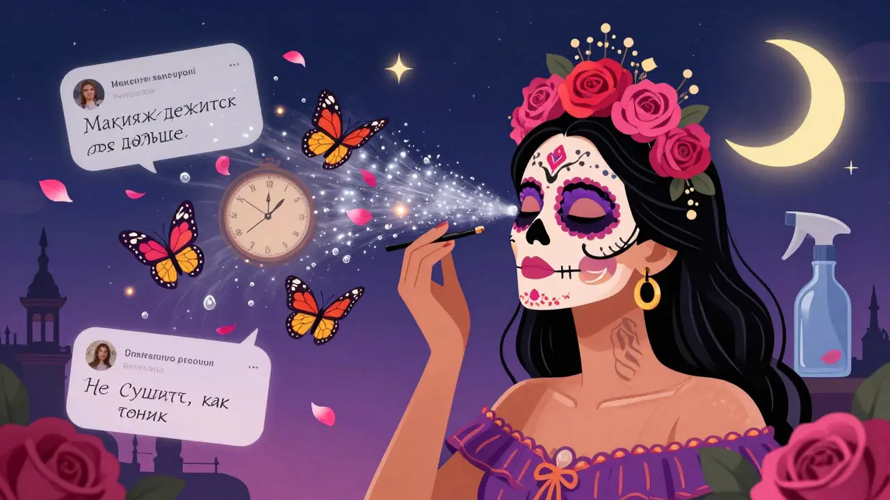 Туман превращается в бабочек из капель воды и лепестков роз, в стиле Дня мёртвых.