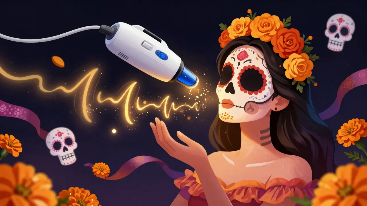 Ультразвуковая чистка лица, где звуковые волны превращаются в светящиеся черепашки и лепестки.