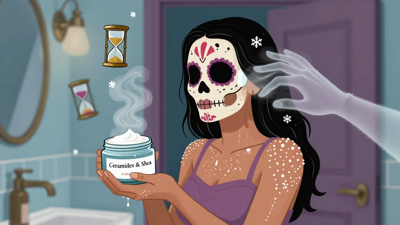 Женщина наносит крем после душа, вокруг — падающие песчинки времени и тающие снежинки.