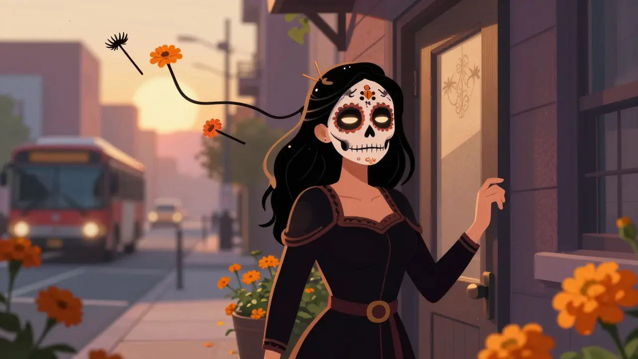 Женщина выходит на улицу с сияющими глазами, за ней плывут черепа, превращённые в ресницы.