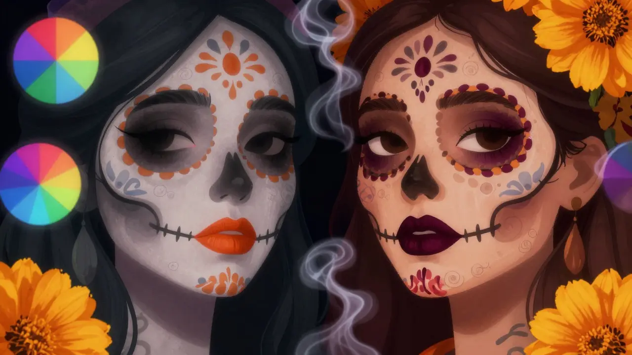 Два лица: одно с несоответствующим оттенком помады, другое — с идеальным, украшены узорами скелетов.