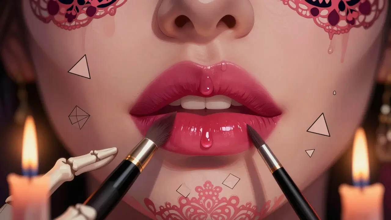 Идеальные губы с блеском только в центре, тонкие костяные руки аккуратно растушевывают контур.