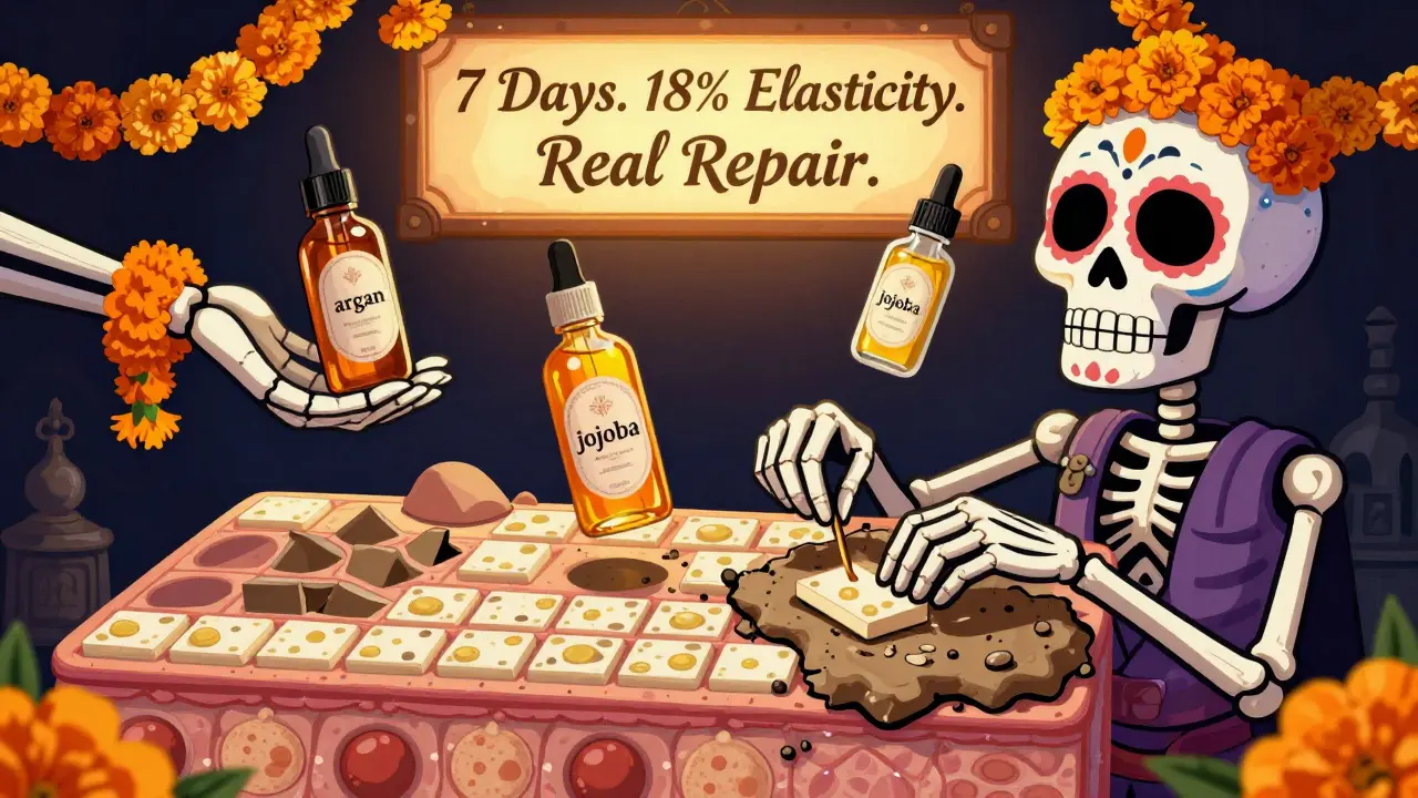 Крошечный мастер укладывает сквалан в липидную кладку между клетками кожи, вокруг — масла и цветы.