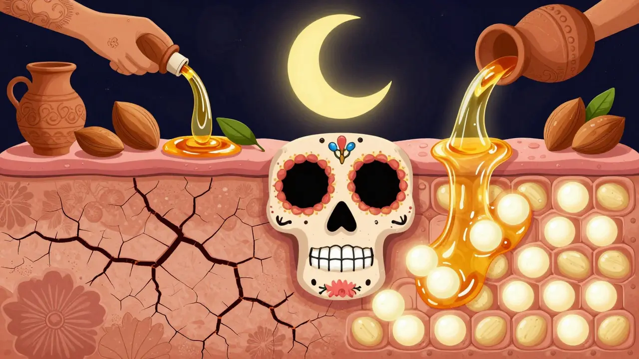 Разделённое лицо: сухое слева, увлажнённое справа — сквалан и масла формируют защитный барьер.