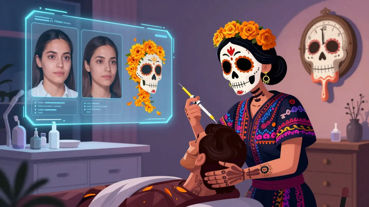 Косметолог в традиционном наряде делает укол, а духи предков поддерживают пациентку, вокруг — витают карты лица и лепестки, превращающиеся в идеальный овал.