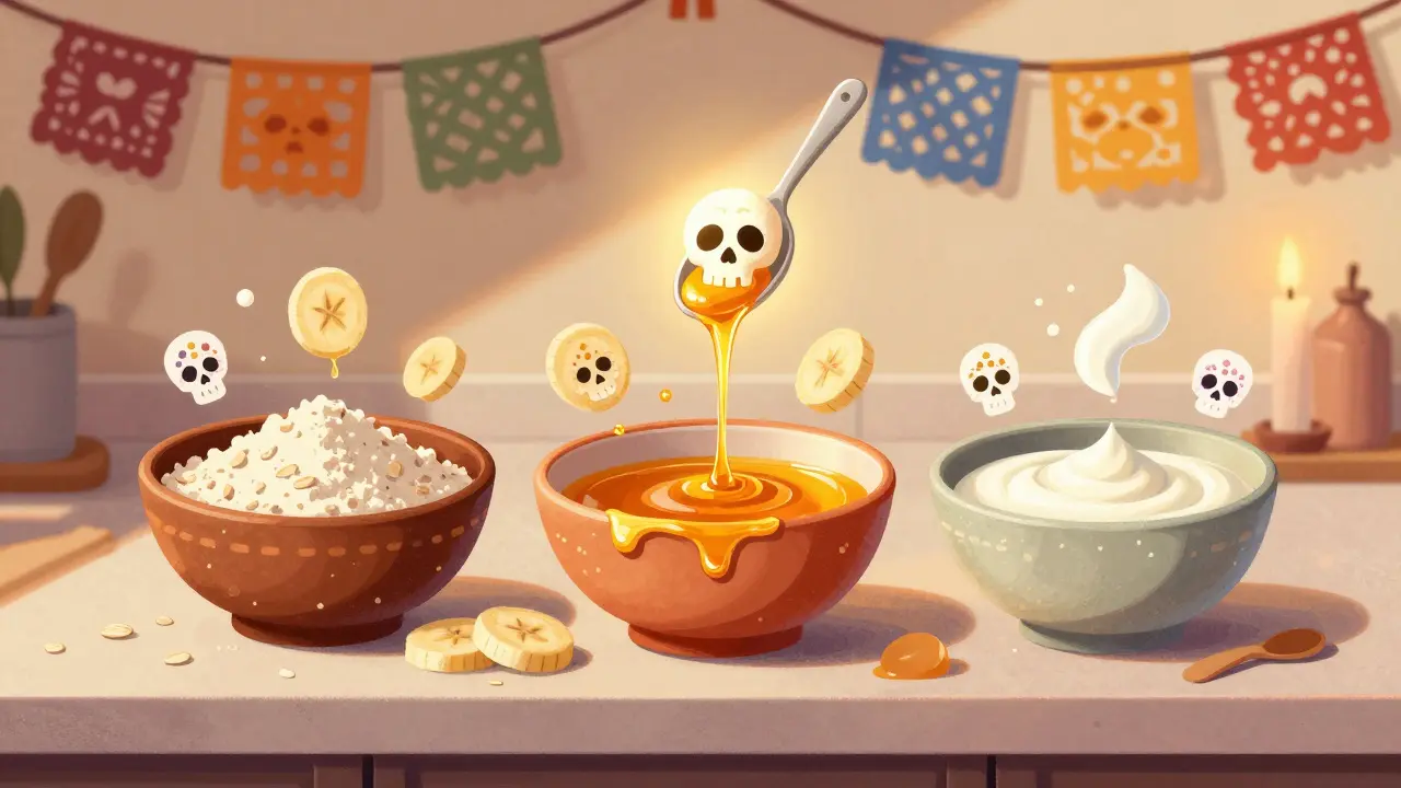 Кухонная стойка с тремя мисками и ингредиентами для маски, рядом — черепа-символы и свечи.