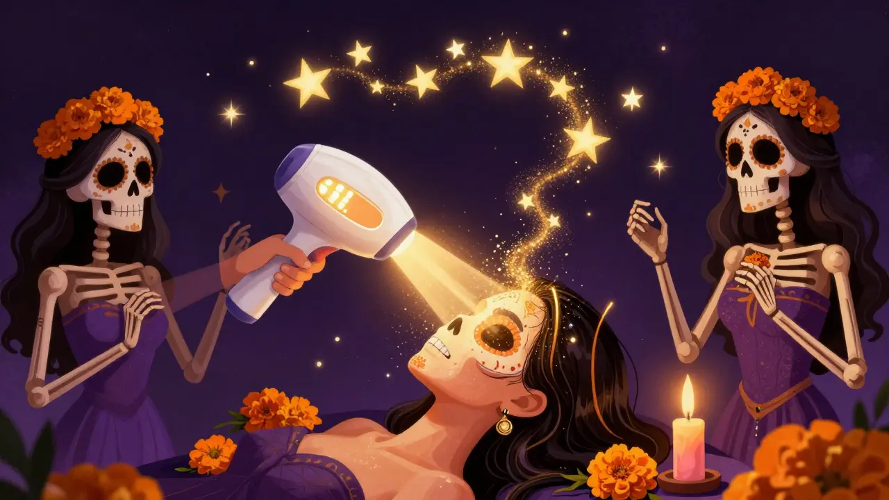 Лазер уничтожает волосяные фолликулы, а скелеты празднуют гладкую кожу под цветами и звёздами.