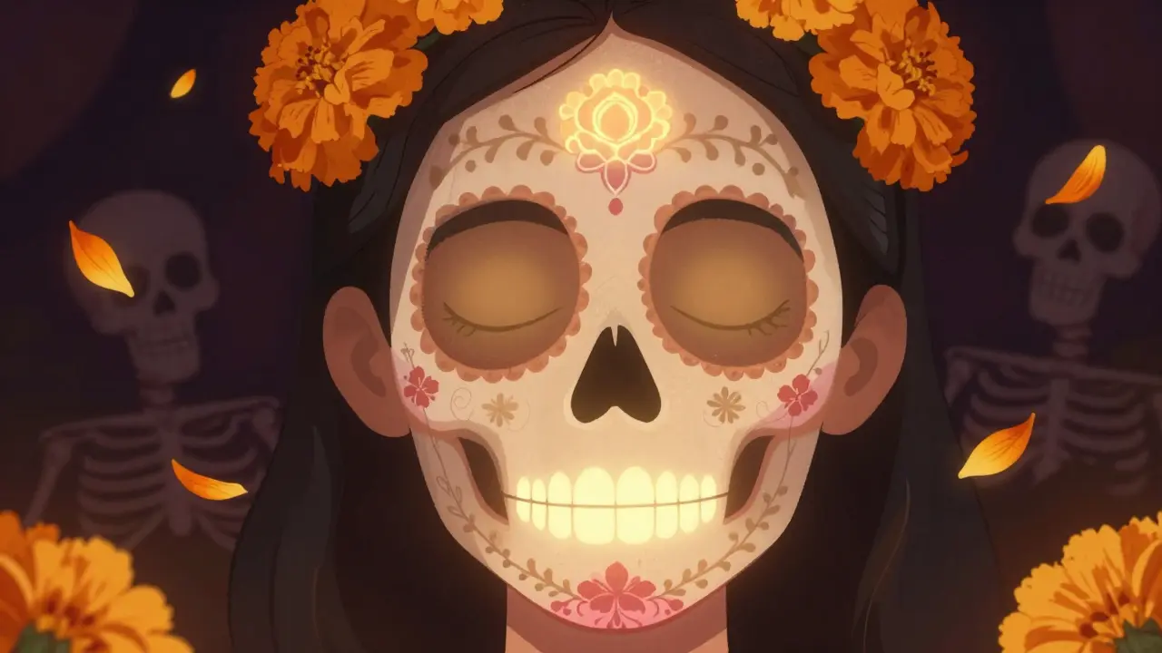 Лицо с естественным сиянием на выпуклостях, украшенное утончёнными узорами в стиле Дня мёртвых.