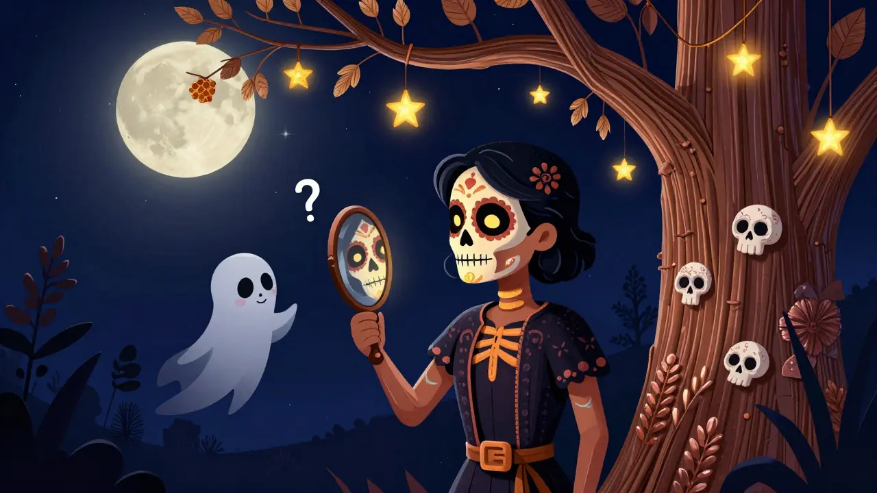 Молодой человек с сияющей кожей под луной, вокруг — овсяные ветви и медовые звёзды в виде черепов.