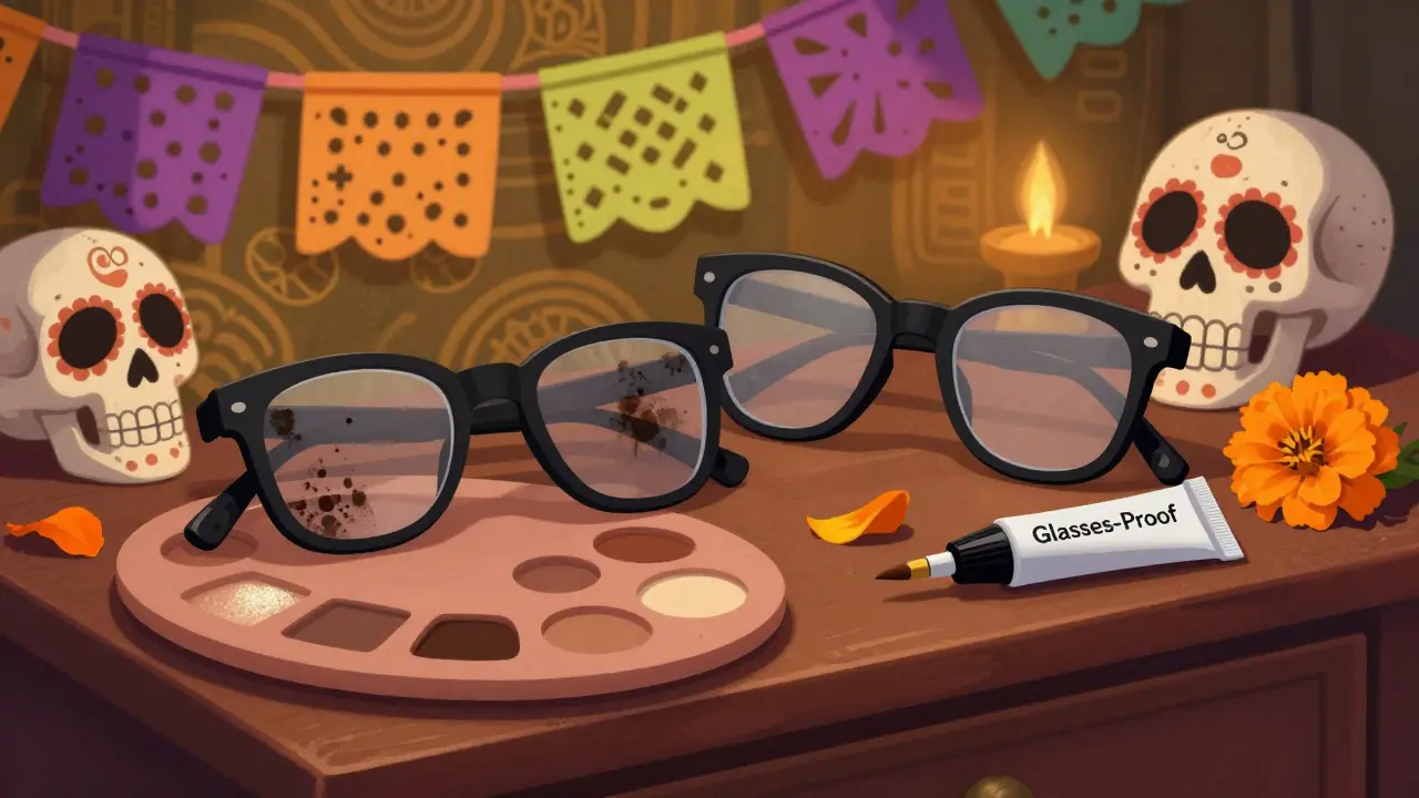 Очки на туалетном столике с тенями, кисточкой и маргариткой, в стиле Дня мёртвых.