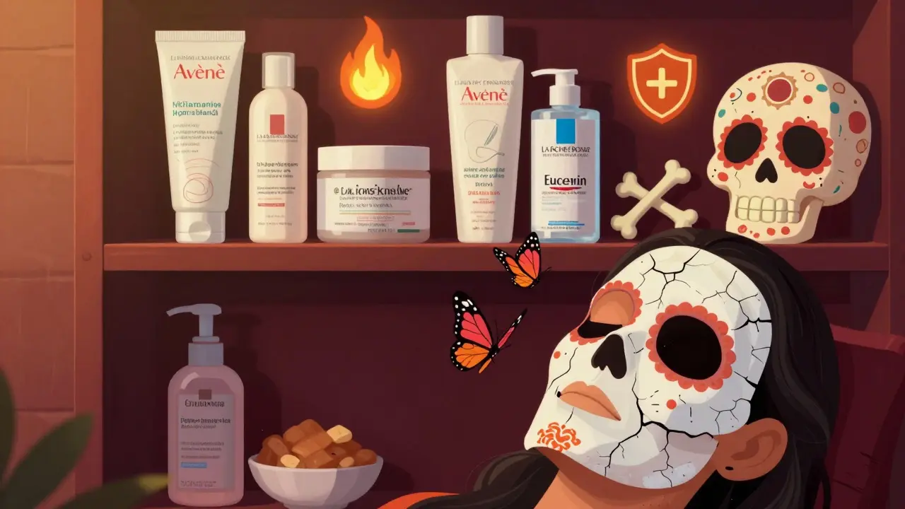 Полки с косметикой в стиле Дня мертвых, с символами пантенола, ниацинамида и церамидов, кожа превращается в бабочек.