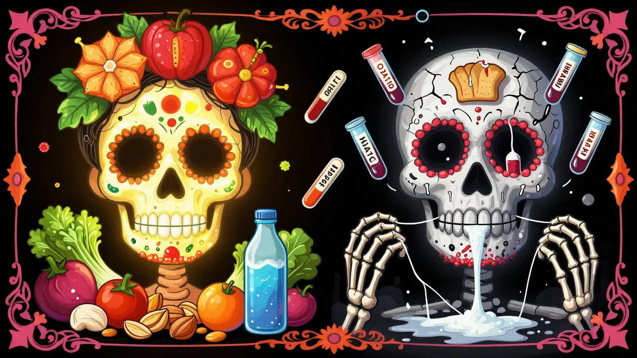 Разделенное изображение: с одной стороны — сияющее лицо, питаемое овощами, с другой — тусклое лицо, питающееся сахаром, в стиле Дня мертвых.