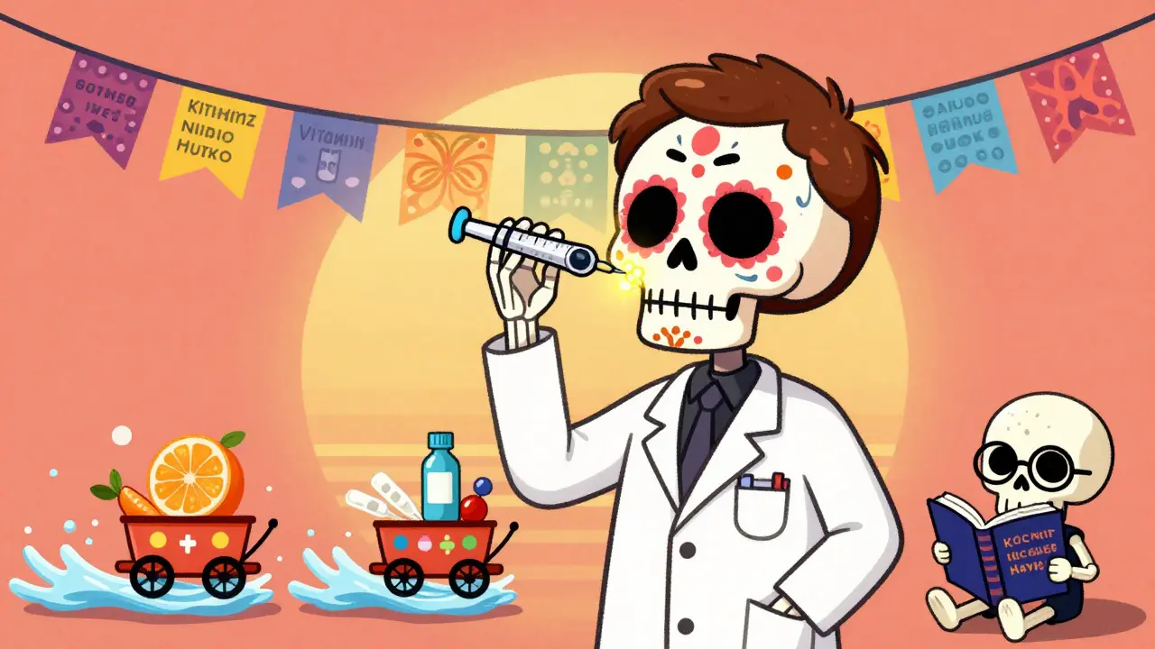 Скелет в лабораторном халате вводит увлажняющие молекулы в кожу, активы едут на мини-повозках, фон — цветные бумажные флаги.