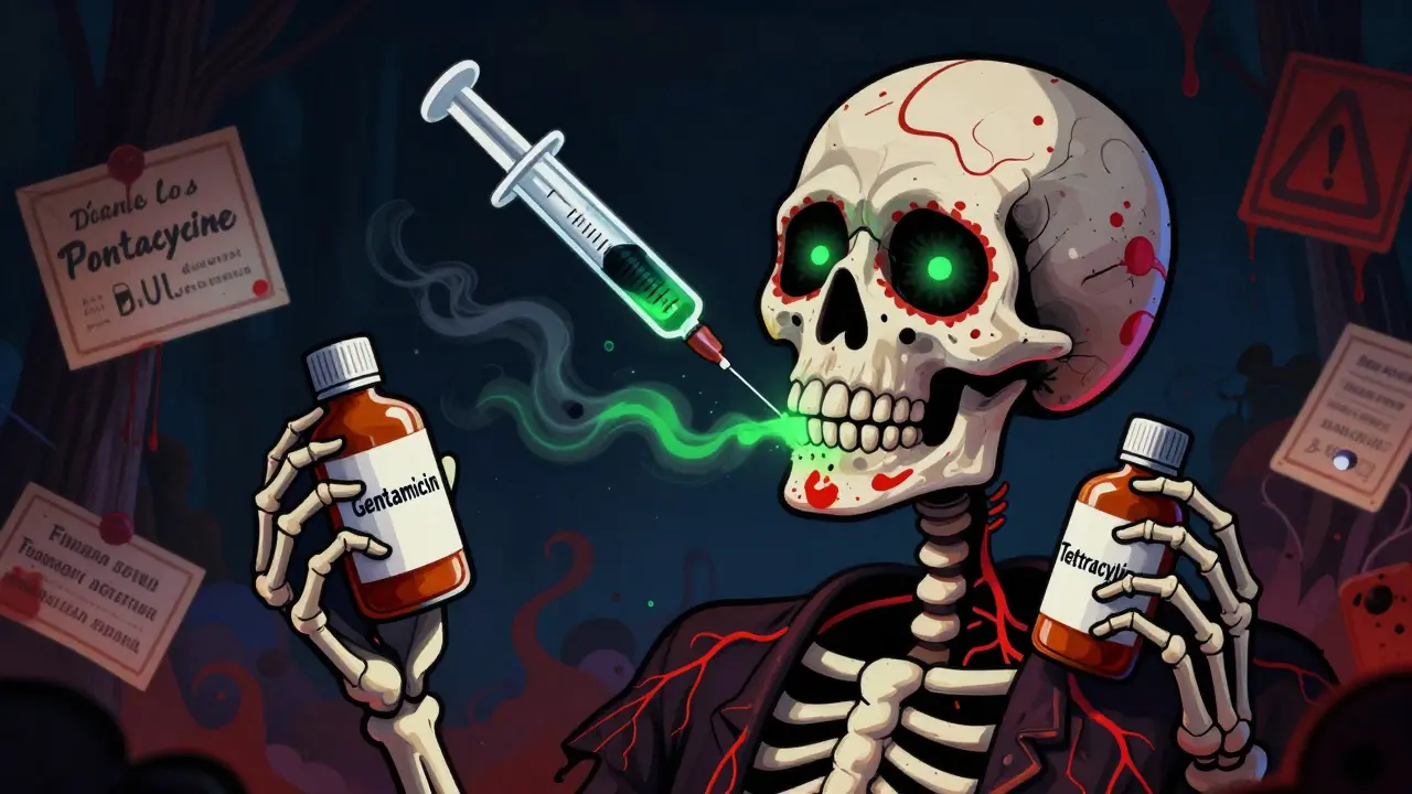 Шприц с ботоксом над черепом, изо рта которого выходит ядовитый дым, рядом — бутылки с гентамицином и тетрациклином в стиле Дня мёртвых.