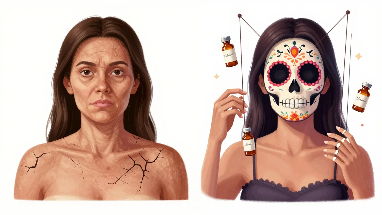 Сравнение дряблой кожи с восстановленной, украшенной светящимися черепами в мексиканском стиле.