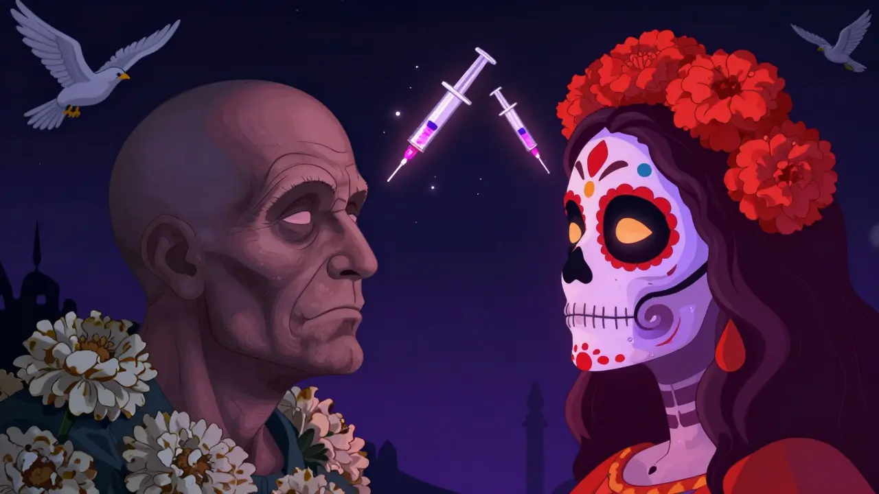 Сравнение двух лиц: одно провисшее и серое, другое — яркое и подтянутое, с летящими каплями филлера и падающими лепестками бархатцев.